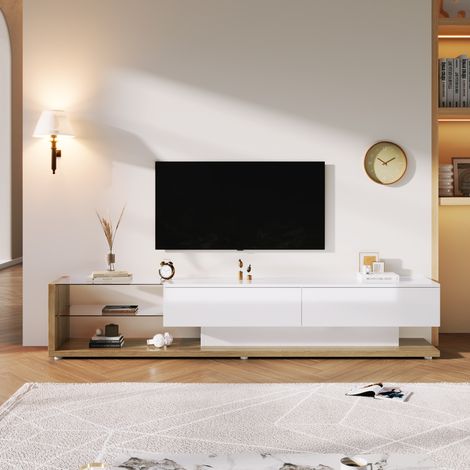 Meubles TV, buffets bas, une combinaison de blanc laqué et de tons boisés. Cloisons vitrées et éclairage LED modulable. Un style champêtre naturel allié à un design moderne. (1/5)