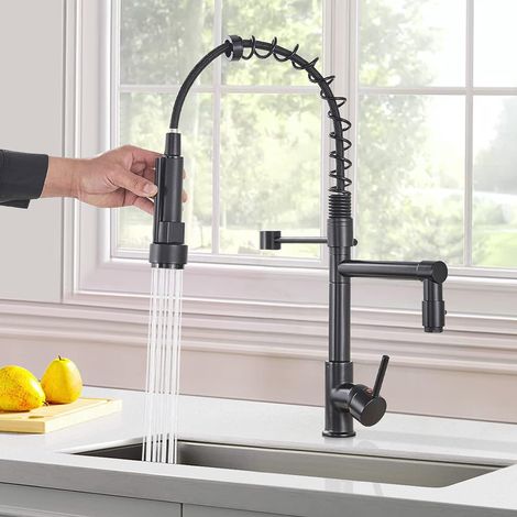 Robinet de Cuisine Noir, Mitigeur Cuisine à Ressort avec Douchette Extensible Rotation 360° 2 Modes de Pulvérisation,Monocommande Evier Froide et Chaud Disponible Laiton Haute Pression (1/5)