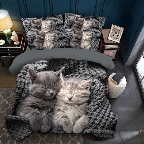 Housse De Couette 220x240 Chat,Ensemble Departure De Lit en Chat Douces Et Confortables,avec Fermeture Éclair Housse De Couette +2 Taies d'oreiller 50x75 Cm (A, 220x240cm) (1/5)
