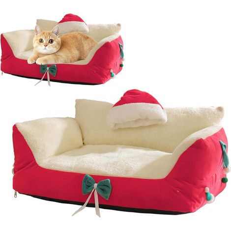 Katzenbett 60x40x30cm Weihnachtssofa, verstellbar mit Plüsch-Weihnachtsmannmütze, bequem, rutschfest, waschbar für Welpen und Kätzchen, Rot - ANDERE (1/4)