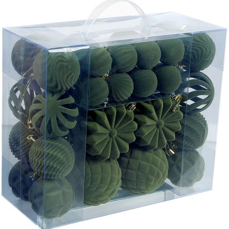 Set of 48 Luxurious Flocked Velvet-Effect Christmas Baubles (4/6/8 cm) – Decorations for Christmas Trees, Walls, and Fireplaces (Green) (1/5)