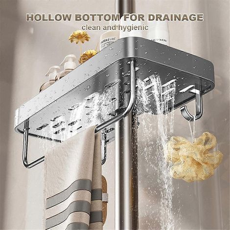 Étagère de douche en aluminium avec porte-serviettes, étagère de rangement de salle de bain sans perçage, étagère pour shampoing et gel douche (1/4)