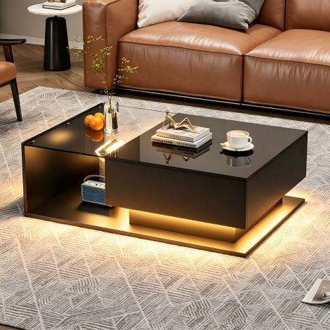 Table basse noir brillant 100x50x32 cm - avec plateau et tiroirs en verre, anti-rayures, avec 1 tiroir, avec éclairage LED, style moderne (1/5)