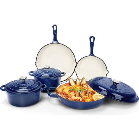 Enamel Cast Iron Cookware - 8 Piece Non-Stick Cookware Set with Lids, Casserole Dish, Pan Pan for All Hobs, Ideal for Baking Bread, PFA Free, Navy Blue (1/5)