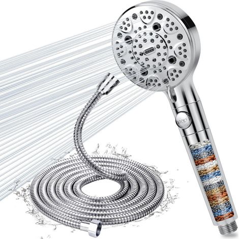 Duschkopf mit Schlauch 2M, 15-Schicht-Filter, 9 Strahlarten, Wassersparend, Stoppfunktion, Chrom (1/5)