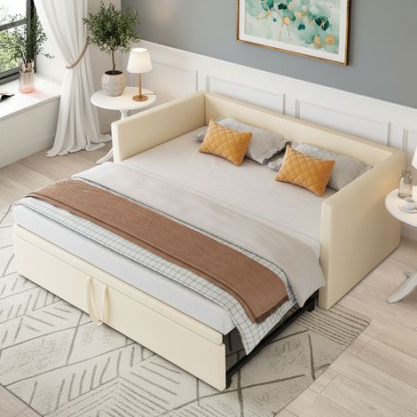 Divano letto con letto estraibile 90 x 200 / 180 x 200 cm, rete a doghe, struttura in metallo e rivestimento in velluto, letto matrimoniale, beige (1/5)