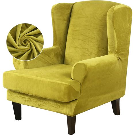 Set of 2 winged chair covers - Stretch velvet - Elasticated bottom - For chairs with side backs - Grass green (1/5)