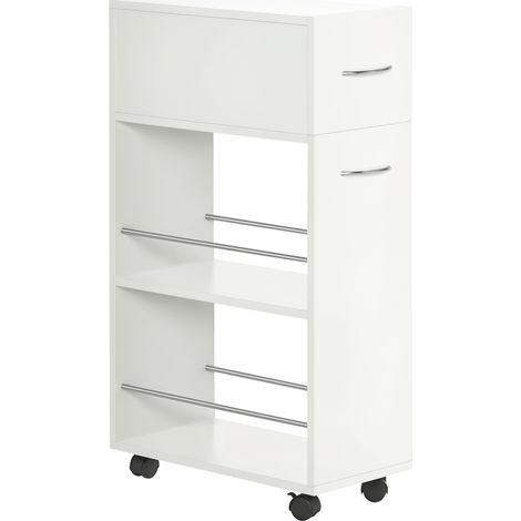 Carrello da Cucina in Truciolato e Acciaio Inox con 2 Ripiani Aperti, Cassetto Estraibile e Parapetti, 25x50x85 cm