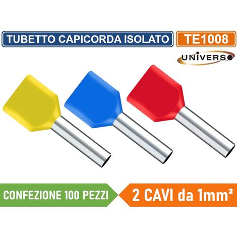 CONFEZIONE 100 PEZZI TUBETTO TERMINALE CAPICORDA ISOLATO PER 2 CAVI DA 1.00mm² TERMINALE DA 8mm - GIALLO ROSSO BLU - Colore Struttura:Rosso (1/5)