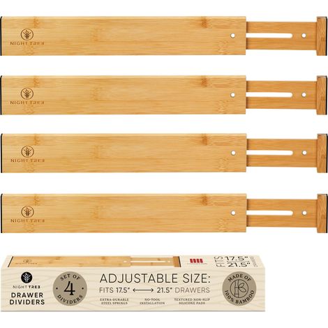 Séparateurs de tiroir extensibles en bambou – Organisateurs en bois à ressort pour vêtements, ustensiles de cuisine, salle de bain et tiroirs de commode (45,7 cm à 50,8 cm) (1/5)