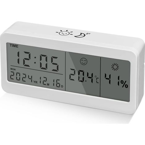 Sveglia digitale, a batteria, con ampio schermo LCD, ideale per viaggi, camera da letto e ufficio. Visualizzazione di data, temperatura, umidità, funzione snooze e retroilluminazione (bianca). (1/5)