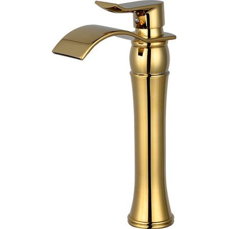 Waschtischarmatur (Warm-/Kaltwasser) aus Vollkupfer, Wasserfall-Auslauf, Gold-Finish, hohe Ausführung für Aufsatzwaschbecken, Einhebelmischer. (1/5)