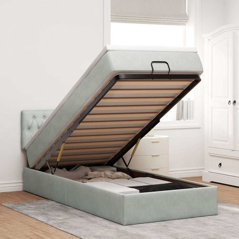 Estructura cama otomana colchón terciopelo gris claro 90x200cm