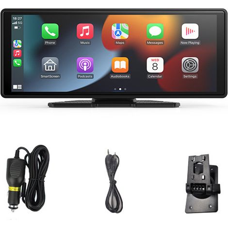 Autoradio portatile da 10,26 pollici con Apple CarPlay e Android Auto wireless, touchscreen 7-32 V, telecamera posteriore, assistente vocale, Bluetooth, trasmettitore FM, AUX e scheda TF
