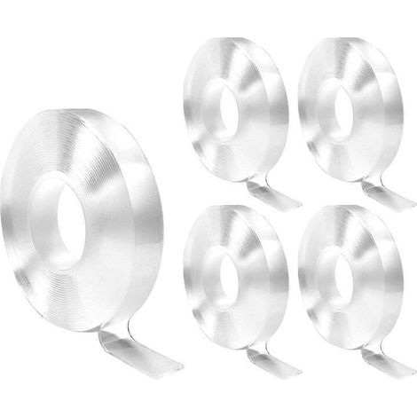 Lot de 5 bandes adhésives double face ultra-résistantes et multi-usages, lavables et transparentes. (1/5)