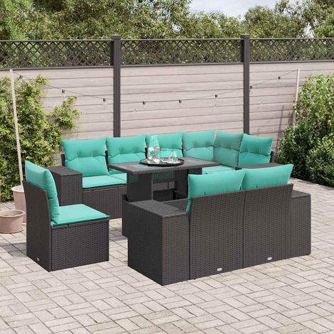 9-teiliges Gartensofa-Set mit Kissen, schwarzes Polyrattan (1/5)
