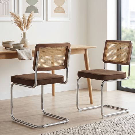 Lot de 2 Chaises Velours Design Mid-Century - Dossier Cannage rotin, Assise Rembourré et Base en Métal Chromé - Marron (1/5)