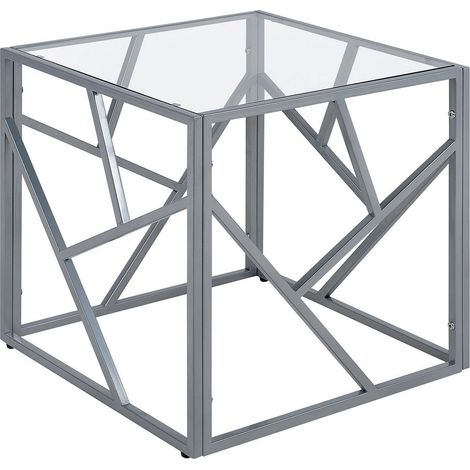 Tavolino Piano Vetro Trasparente Struttura Metallo Argento Cubo 50 x 50 cm Orland