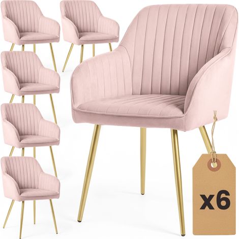 Lot de 6 Chaises en velours à surpiqûres FLORENCE Rose Poudré pieds dorés (1/5)