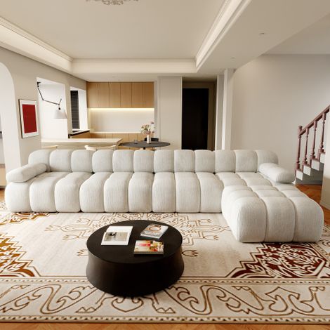 Canapé d’angle 4 places en L blanc en tissu, sans montage, structure en mousse haute élasticité, 400×200×68 cm (1/5)