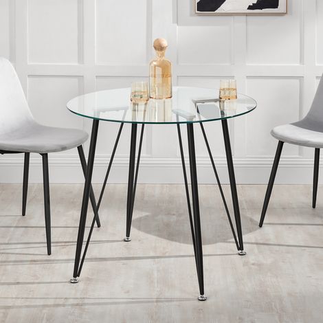 Mesa de cristal Huittinen redonda versátil con 4 patas de acero 72 x Ø 80 cm - Transparente y Negro [en.casa] (1/5)