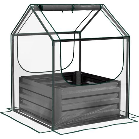 Grey 61x61cm Raised Garden Bed with Cover for Outdoor Planting and Gardening