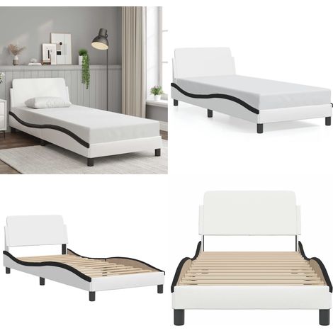 Cadre de lit sans matelas blanc et noir 90x190 cm similicuir - Lit Plateforme - Cadre De Lit - Literie - Meuble Chambre - Design Moderne - Home & Living (1/5)