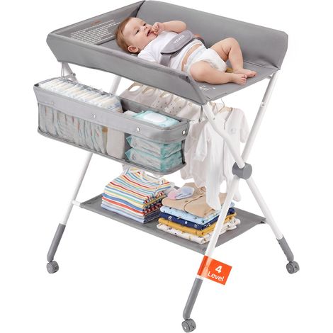 Table à Langer Pliable, Plan à Langer avec Panier Latéral et Roulettes Verrouillables, Meuble pour Bébés Réglable en Hauteur, Rangement Multifonction pour Chambres d'Enfant, Gris Clair (1/5)