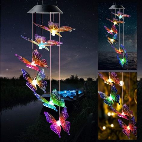 Carillon éolien papillon - Lampe solaire papillon colorée - Lampe de jardin - Lampe décorative d'extérieur - Lampe solaire de jardin - Lampe décorative de pelouse