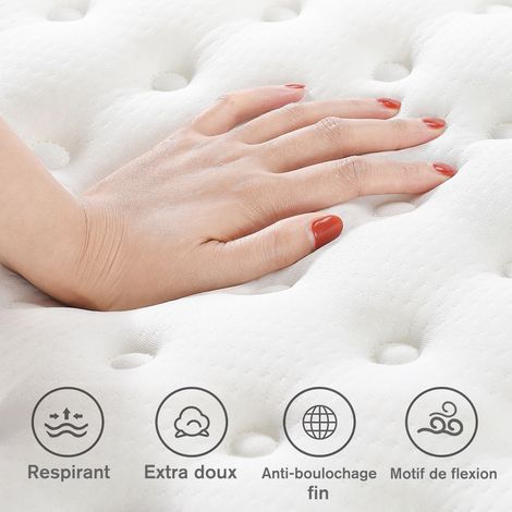 Matelas à Ressorts ensachés 140x200 cm, Hauteur 25 cm, Matelas à Ressorts ensachés 9 Zones, Confortable et Respirant - Blanc