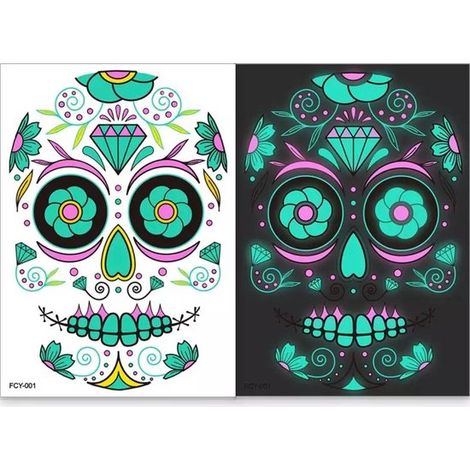 Autocollants phosphorescents squelette - 2 feuilles - Tatouages glow in the dark - Pour Halloween - Accessoire (1/4)