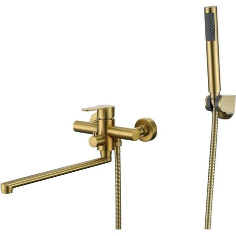 Bathroom Faucet Single Lever Shower Mixer Tap with Hand Shower Bathtub Faucet Exposed Bath Mixer with Wall Bracket and 1.5m Shower Hose Brushed Gold (1/5)