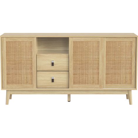Buffet Meuble de Rangement 3 Portes Coulissantes en Rotin et 2 Tiroirs Bois 155 x 38 x 80 cm (1/5)