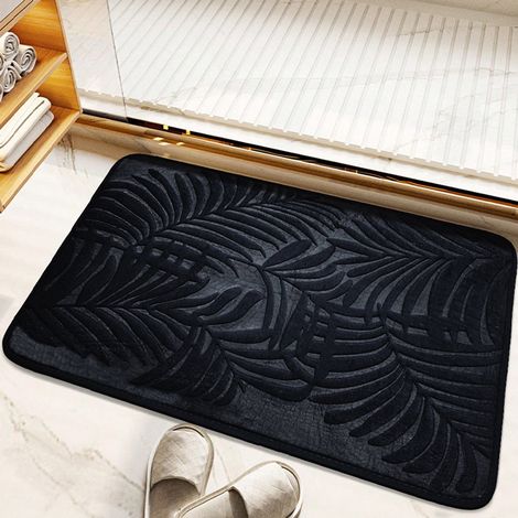 Tapis de bain antidérapant 40 x 60 cm épais et absorbant en mousse à mémoire de forme avec motif feuilles noir (1/5)