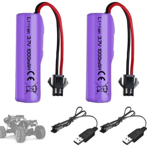 Lot de 2 batteries au lithium rechargeables 1000 mAh 3,7 V avec câble de charge UBS SM-2P - Batterie Li-ion universelle compatible avec véhicules radiocommandés, bateaux, chars, voitures, (1/5)