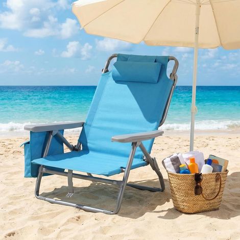 Strandstuhl Klappbar Leicht, Rucksack Klappstuhl Strand, Campingstuhl Kann Flach Liegen,bis 150 kg belastbar, Outdoor Faltstuhl mit Verstellbarer Hohe Rückenlehne, Eisbeutel Blau (1/5)