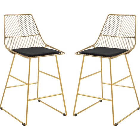 Set of 2 Bar Stools, Modern Counter Height Breakfast Bar Chairs with Wire Metal Frame for Kitchen, Dining Room, Gold (1/5)