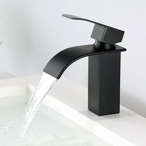 Schwarzer Waschbeckenhahn im Wasserfall-Stil, geeignet für massive Waschbecken – besonders hochwertiger Wasserhahn (schwarz)