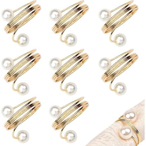 Lot de 8 ronds de serviette en or pour décoration de table avec boutons de serviette en perles pour Noël, mariages, dîners
