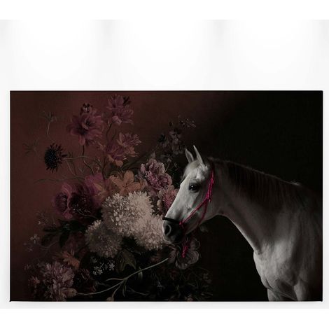 Tableau cheval blanc et fleurs pour chambre de fille | Tableau animaux sur fond noir pour chambre ado | Tableau sur toile noir & rose 0,9 x 0,6 m (1/5)