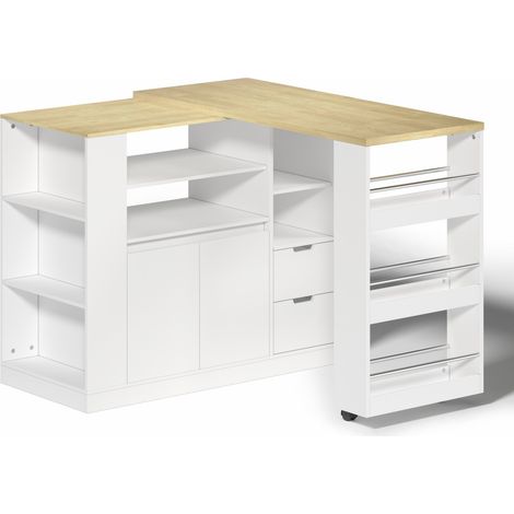 Isla de cocina extensible de MDF 115 x 50 x 92 cm con 2 cajones y estantería de 3 niveles (1/5)