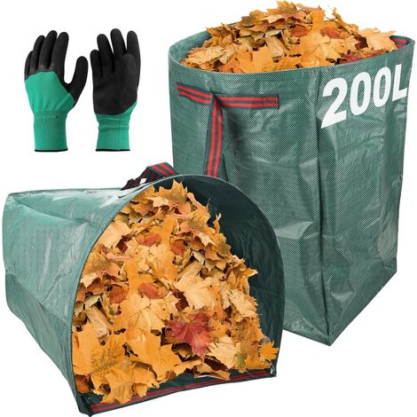 Sac de jardin 2 x 200 l - Sac à feuilles - Sac à déchets de jardin avec forme de pelle - Sac de jardin autoportant avec poignées - Pliable - Avec gants pour coupe verte, herbe, feuilles (1/5)