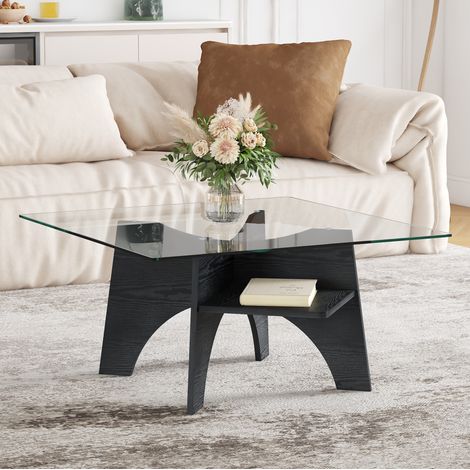 Quadratischer Couchtisch 80 x 80 cm mit Sicherheitsglasplatte, MDF-Gestell in Schwarz HAVRYA (1/5)