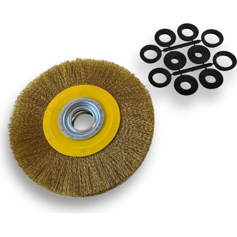 Brosse circulaire LAITON  Ø 200 mm  Epaisseur 3 rangs  Fil souple 0.20 mm ondulé  Alésage 32 mm + réducteur bague 25/22/20/16/12 mm  Touret meuleuse affûteuse ponceuse  Kibros 238203LV
