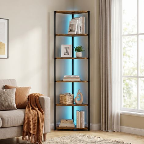 Étagère d'Angle à 6 Niveaux, LED Réglable, en Acier, Meuble pour Bureau, Salon, Chambre, Marron (1/5)