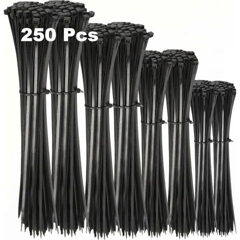 Collier de Serrage Serre Cable 250 Pièces(4 Tailles 100/150/200/300 mm), Dents à Triple Verrouillage, pour Gestion des Câbles Maison et Jardin, Nylon 66 Anti-UV, Noir (1/5)