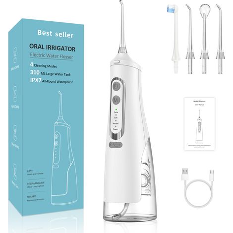 Hydropulseur dentaire, Nettoyeur à jet d'eau portable (4 modes), Irrigateur buccal professionnel (Réservoir 310 ml) — Étanchéité IPX7, Rechargeable, Idéal pour les voyages — Blanc (1/5)