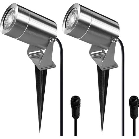 Spot LED Extérieur, Étanche IP65 Spot Exterieur GU10 (2, Argent) Acier Inoxydable Spot avec 2 m Câble, GU10 5W 3000K Ampoule, avec Boîte de Dérivation Etanche IP68, avec Spike Ground (1/5)