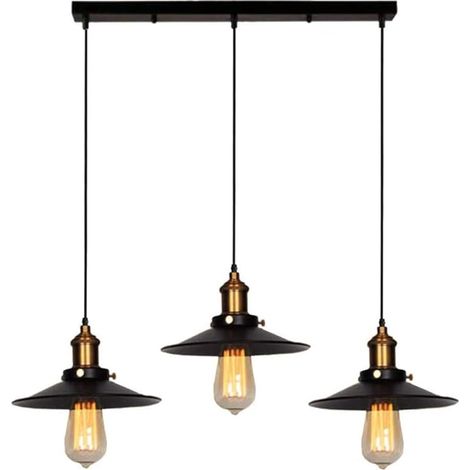 Suspension Luminaire Industrielle, 3 Lumière Lustre Suspension Plafonnier Vintage Lustre Abat-Jour en Métal Edison E27 Lampe Cuisine Salon - Ø22 cm - Noir (1/5)