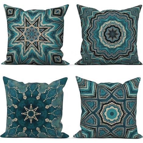 Set of 4 Boho 40 x 40 cm, Retro Geometric Pattern Blue Gold Decorative Cushion Covers for Sofa Washable Polyester and Linen Outdoor Textile Cushion Cover (1/5)